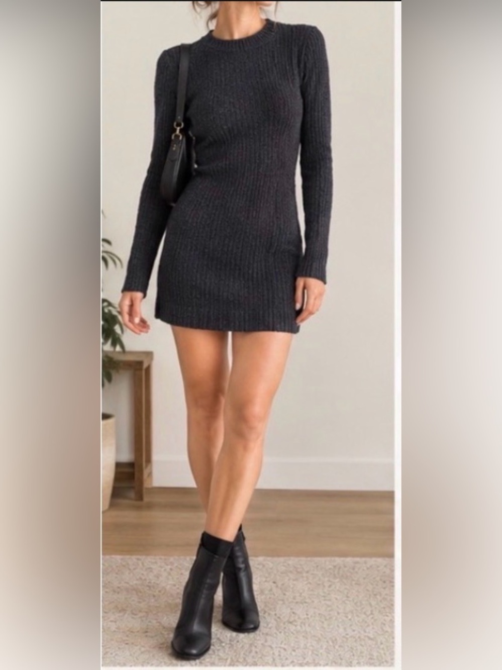 Hollister Dark Charcoal Ribbed Long-Sleeve Knit Mini Dress